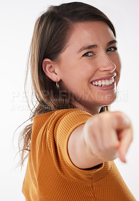 Buy stock photo Woman face, smile or hand pointing at you in studio for support, encourage or praise on white background. Happy, attention or model portrait with choice emoji vote, invitation or volunteer motivation
