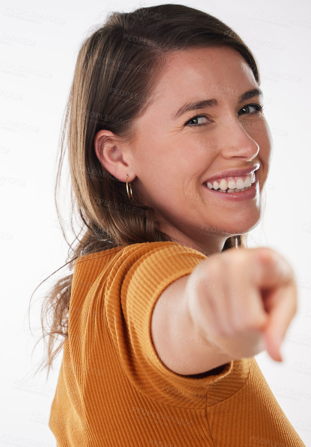 Buy stock photo Woman face, smile or hand pointing at you in studio for support, encourage or praise on white background. Happy, attention or model portrait with choice emoji vote, invitation or volunteer motivation