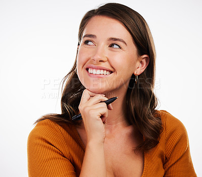 Buy stock photo Studio shot of a young woman deep in thought against a white background