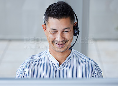 Buy stock photo Businessman, headset and telemarketing at call centre for customer service, smile or technical support. Male person, computer and help desk advisor with communication for crm, contact us or agent