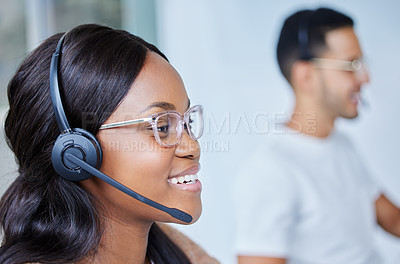Buy stock photo Black woman, headset and smile for customer support at call center or telemarketing sales, help desk or advisor. Female person, colleagues and technical agency or it solution, service or contact us