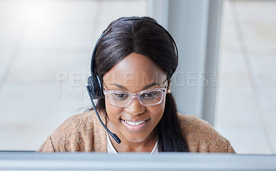 Buy stock photo Black woman, computer and headset for telemarketing sales at call centre or it support, customer service or crm. Female person, smile and online help desk with solution agency, technical or advice