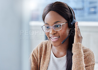 Buy stock photo Black woman, headset and smile for technical support or customer service for solution, contact us or it. Female person, telemarketing and sales representative at help desk, hot line or networking