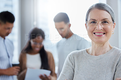 Buy stock photo Businesswoman, portrait and leader for meeting, employee and staff for teamwork. Management, collaboration and executive for mature female person, corporate or boss for law firm with mentor in office