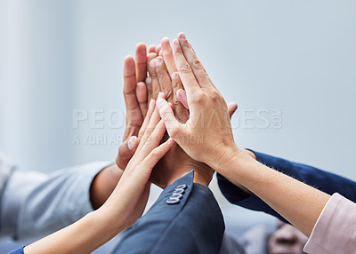 Buy stock photo High five, hands and business people in office for teamwork, collaboration or solidarity for achievement. Celebration, diversity and group of employees with unity, goals or motivation together.