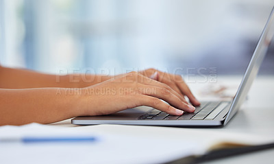 Buy stock photo Laptop, hands typing and screenwriter with research for script, screenplay or movie adaptation of novel. Zoom, computer and person with keyboard for editing, inspiration or storyline for production
