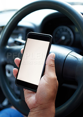 Buy stock photo Hand, phone screen and person in car with mockup, navigation app advertising or online map for driving. Information, details or tech for transport, smartphone and digital marketing for ride share