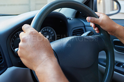Buy stock photo Driving, car and hand of person on steering wheel for travel, road trip and transportation. Driver, relax and man in motor vehicle with journey for adventure, weekend holiday or commute to vacation