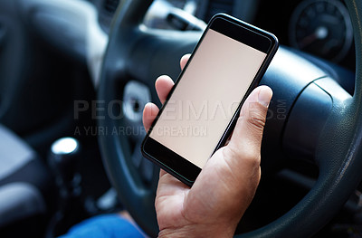 Buy stock photo Travel, car and man with mockup in phone for navigation search, road trip and transportation. Driver, gps and person in motor vehicle with space on tech for location, direction and connectivity