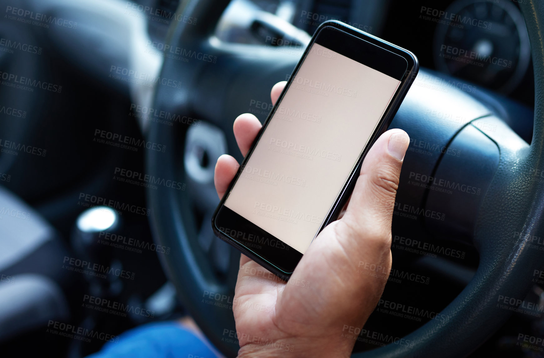 Buy stock photo Travel, car and man with mockup in phone for navigation search, road trip and transportation. Driver, gps and person in motor vehicle with space on tech for location, direction and connectivity