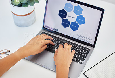 Buy stock photo Business, hands and person with laptop, presentation and internet with planning for startup, connection and digital layout. Employee, consultant and worker with tech, closeup and typing for proposal