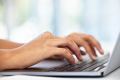 Buy stock photo Laptop, hands typing and writer with research for script, screenplay or movie adaptation of novel. Zoom, computer and person with keyboard for editing, inspiration or storyline for production