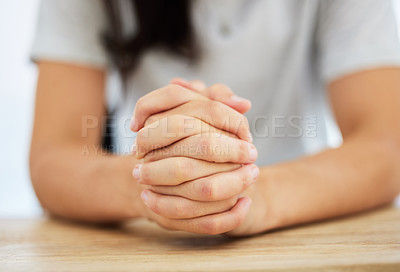 Buy stock photo Woman, prayer hands and together for depression help or burnout with hope for anxiety or religion. Nervous person, closeup up or mental fear for stress, psychology health care or faith wellness