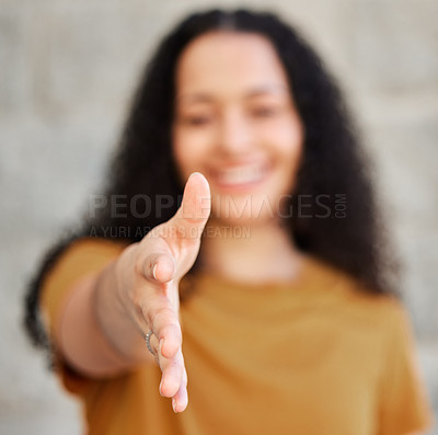 Buy stock photo Welcome, handshake and woman stretching hand for greeting, partnership or agreement for creative project. Deal, introduce and female designer reaching with shaking hands gesture for thank you.