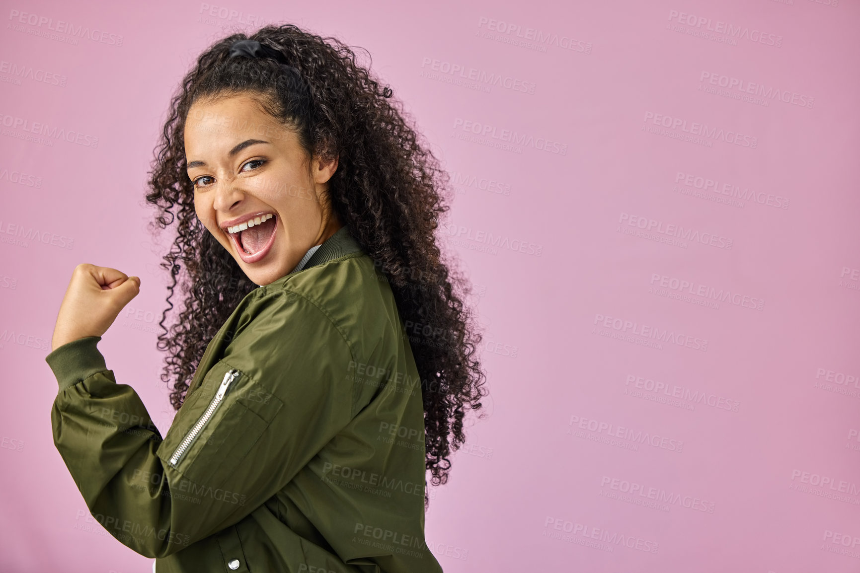 Buy stock photo Portrait, space and winner with woman on pink background in studio for celebration of bonus. Emoji, fist and mockup with happy person cheering for achievement, motivation and promotion success