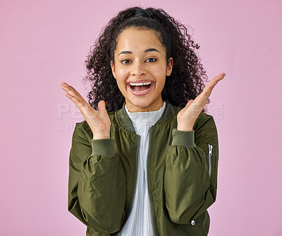 Buy stock photo Portrait, wow and smile with woman on pink background in studio for reaction to good news. Emoji, hands and omg surprise with happy person in celebration for announcement of promotion or success