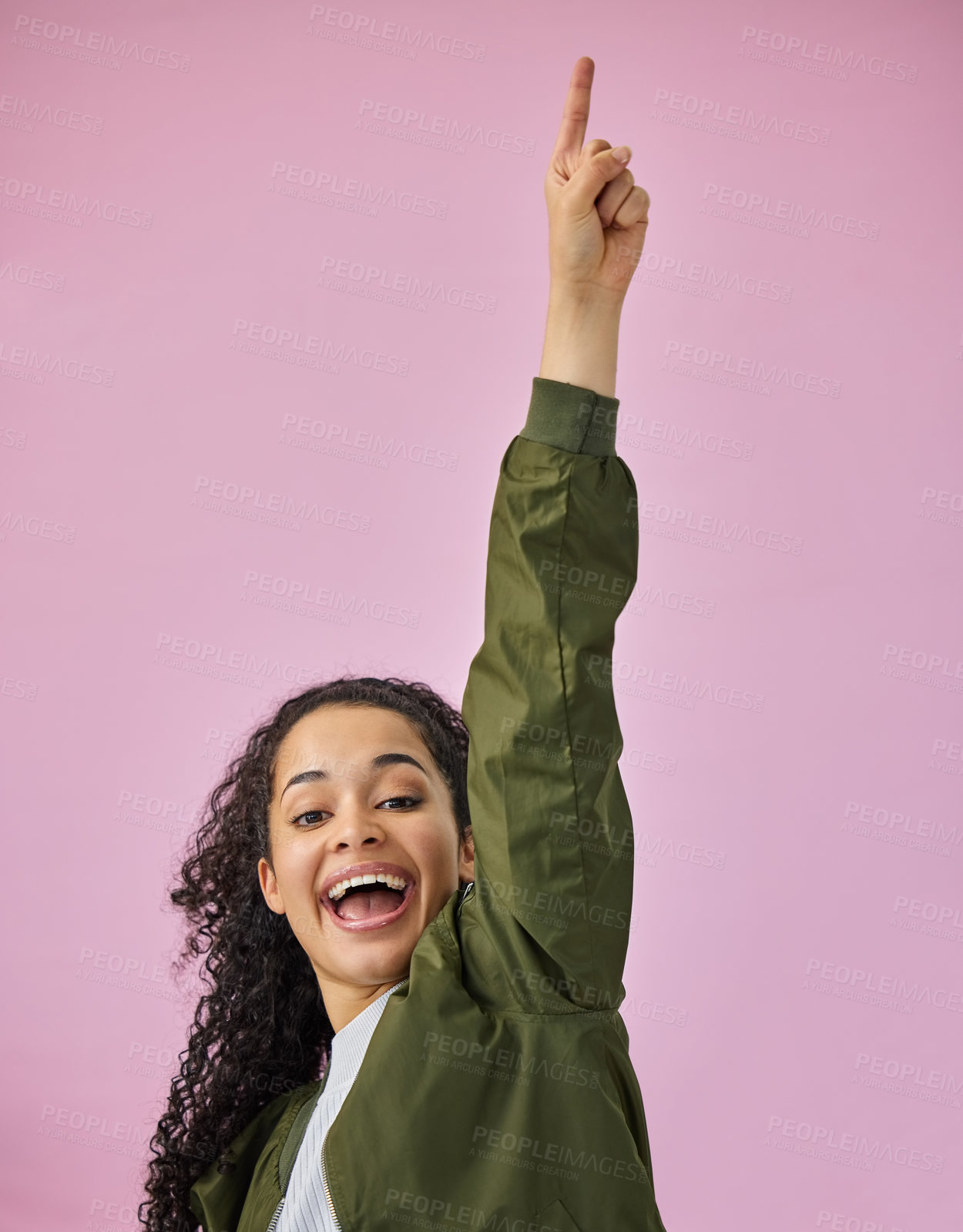 Buy stock photo Pointing, portrait and winner with woman on pink background in studio for celebration of good news. Alert, announcement and notification with happy person showing excitement for promotion or sale