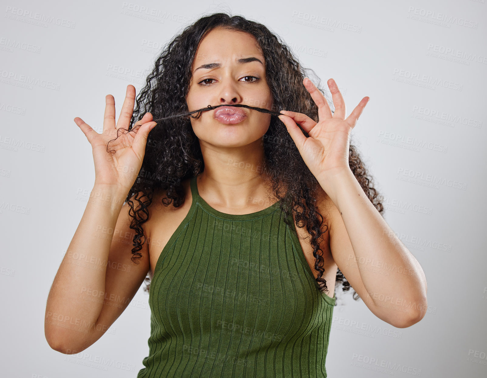 Buy stock photo Woman, portrait or hair mustache in studio for wellness, cleaning or shampoo cosmetics on white background. Haircare, joke or funny beauty comic, cosmetology and texture, growth or curly satisfaction