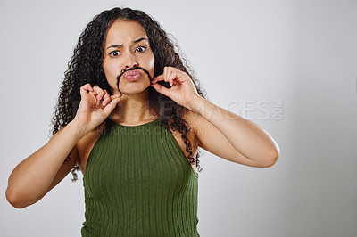 Buy stock photo Funny woman, portrait or hair mustache in studio for wellness, cleaning or shampoo cosmetics on grey background. Haircare, joke or beauty comic, cosmetology and texture, growth or curly satisfaction