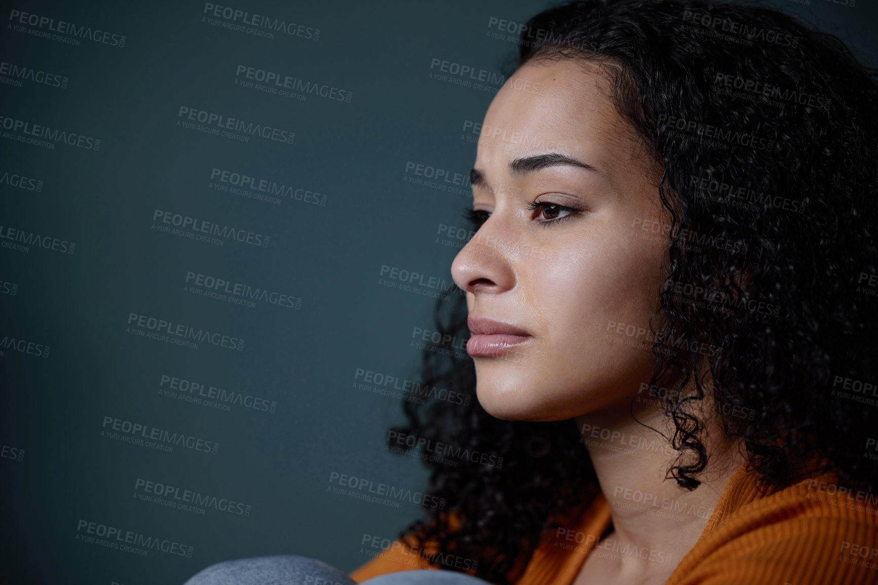 Buy stock photo Depressed, girl and sad with face in studio, sorrow and unhappy with results of exam for diploma. Mental health, student and woman in grey background, anxiety and stress  of scholarship in mockup