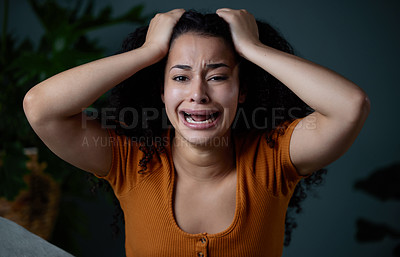 Buy stock photo Depressed, woman and anxiety with scream in pain, crying and unhappy with results of fail of exam. Mental health, student and girl in home for crisis, tears and person with stress for breakup