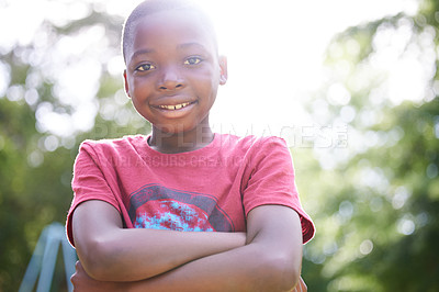 Buy stock photo Boy, arms crossed and smile in portrait at playground for game, vacation or sunshine by trees. African child, happy and outdoor in nature, summer and excited for adventure, freedom or park on holiday