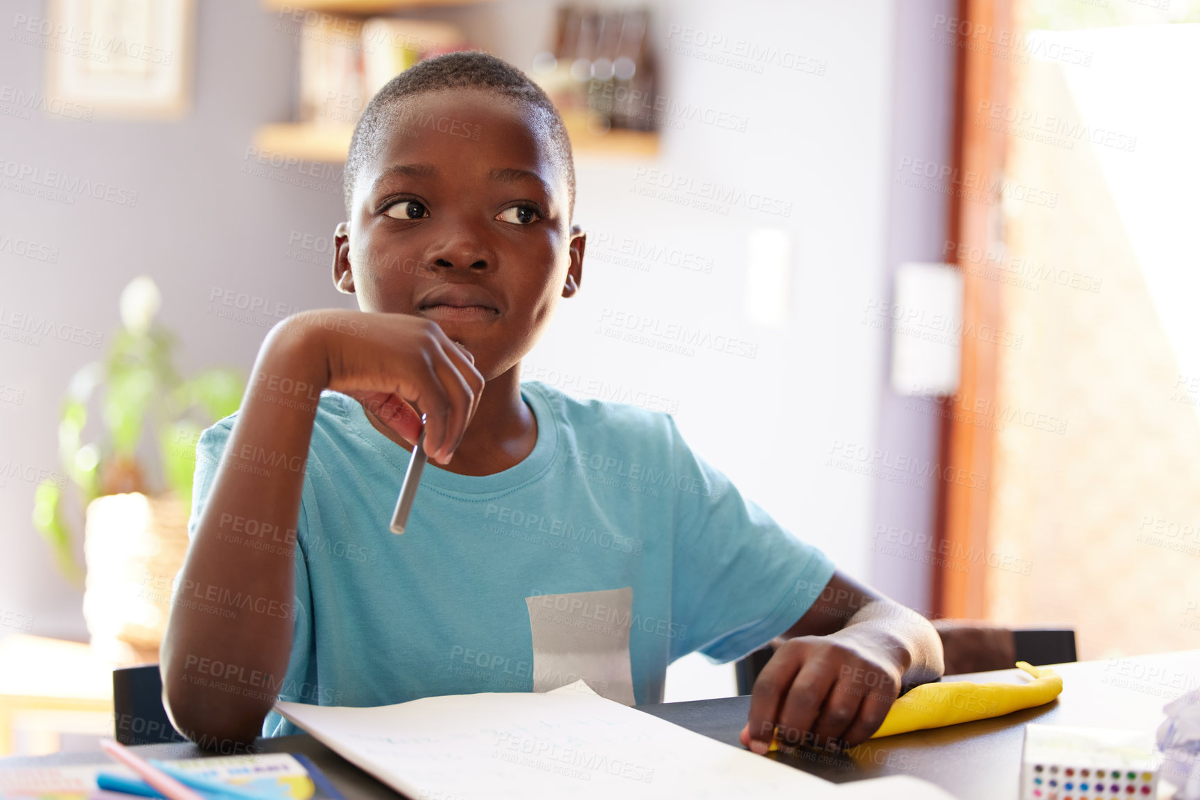 Buy stock photo Education, thinking and boy child doing homework with his knowledge notebook in the living room. School, paper and African kid student studying for test, project or exam with concentration at home.