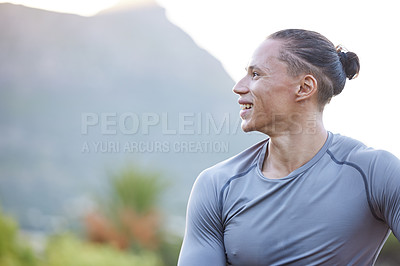 Buy stock photo Fitness, man and thinking outdoor on break from workout, sport training and exercise in nature. Laugh, bodybuilder and confidence from health and wellness in Brazil with relax athlete by mountain