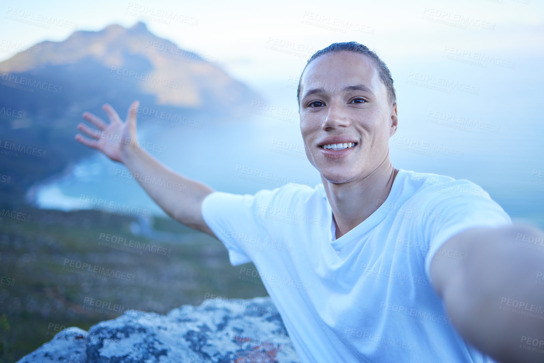 Buy stock photo Man, hiking and selfie to show mountains with smile in portrait for adventure, workout and fitness. Influencer, live streaming and trekking with review on social network for holiday with travel vlog