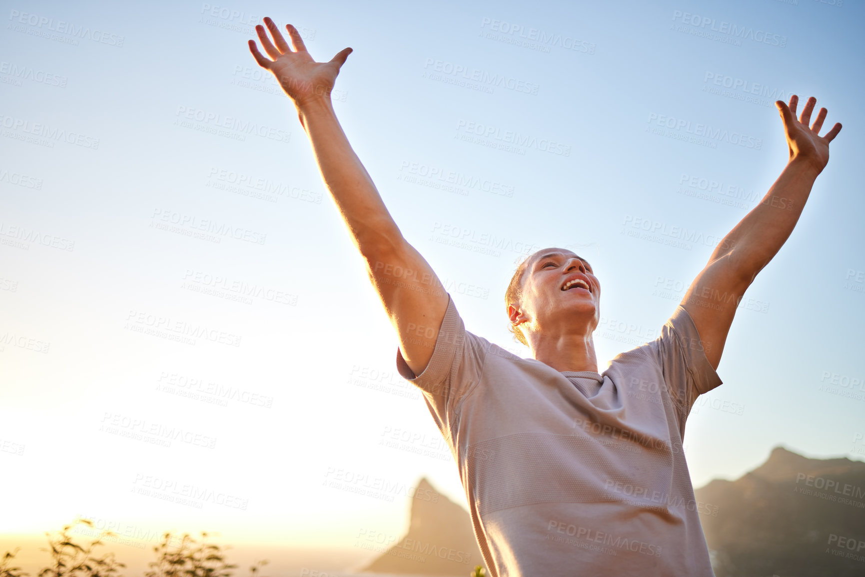Buy stock photo Shot of a young man celebrating the end of his workout