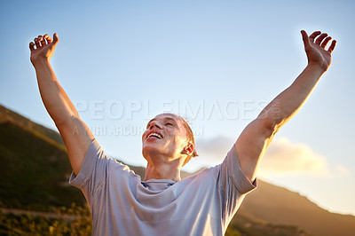 Buy stock photo Outdoor, man and fitness with celebration, nature and excited with victory and workout for wellness. Person, outside and athlete with training, motivation and winner with confidence or exercise goals