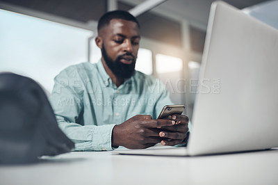 Buy stock photo Business, black man and smartphone with typing, internet and contact with texting or social media. African person, employee or consultant with laptop or cellphone with message, digital app or network
