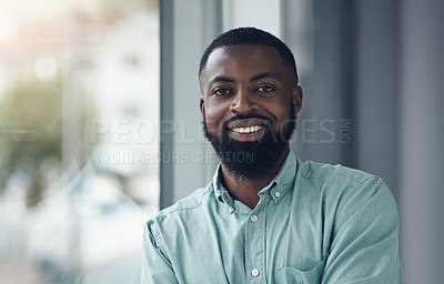 Buy stock photo African business man, portrait and smile by window with happiness, pride and entrepreneurship at startup. Black businessman, face and happy manager at company, success and confidence in finance job
