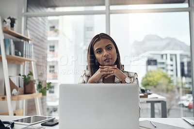 Buy stock photo Computer, serious portrait and business woman for online copywriting, startup research and editing career mindset. Face of young african person, editor or worker on her laptop for web article or blog