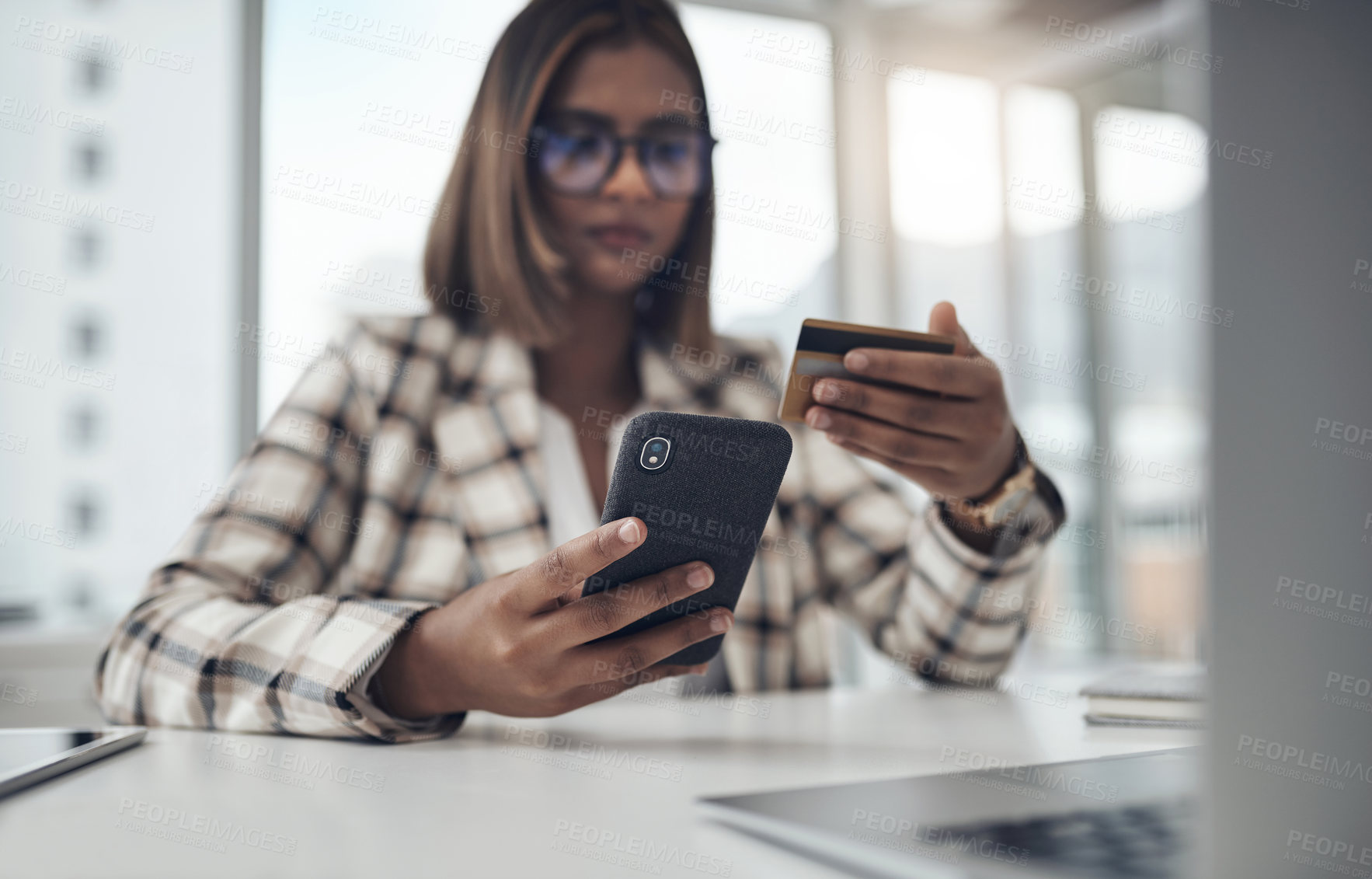 Buy stock photo Employee, cellphone and woman with a credit card, payment and ecommerce in a workplace. Female person, employee and agent with a smartphone, transaction and internet connection with a fintech app