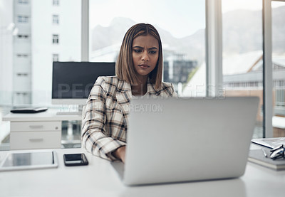 Buy stock photo Business woman, laptop and confused writer in office workplace with fake news. Frustrated, computer and female Indian person with stress reading email, spam or scam, glitch and 404, error and problem