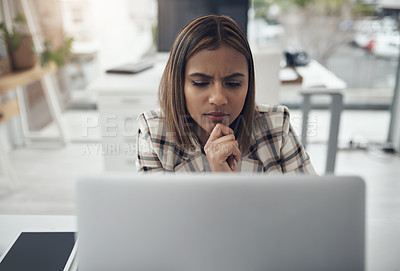 Buy stock photo Thinking, focus and woman on laptop in office for solution, research and serious job decision or planning. Reading, review and choice of african person or business analyst on computer problem solving