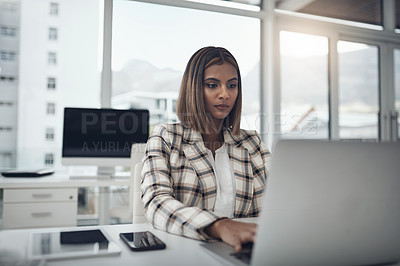 Buy stock photo Business woman, laptop and writer typing in office workplace. Copywriting, computer and female Indian person reading, work or writing email, focus on report or proposal, research or planning project