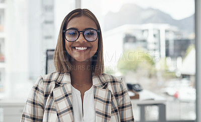 Buy stock photo Portrait, smile and creative woman worker in office happy and ready to start working day. Professional, startup business and affirmative action copywriter with workplace growth and job internship