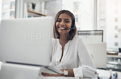 Buy stock photo Smile, headset and portrait of a woman in a call center for customer service, telemarketing or help desk. Female person, consultant or agent with laptop for contact us, support or crm at a company