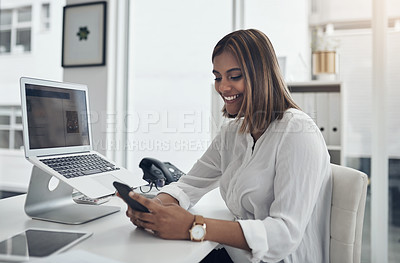 Buy stock photo Phone, typing and business woman with happy communication, online news or job networking at her office desk. Planning, working and young person on mobile app, chat or feedback for career opportunity