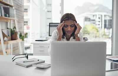 Buy stock photo Headache, pain and business woman on laptop for stress, budget problem and mental health risk in office. Anxiety, fatigue or tired indian person on computer with migraine, debt crisis or job burnout