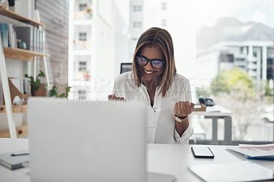 Buy stock photo Business woman, success and laptop to celebrate profit, win or achievement in a modern office. African female entrepreneur at a desk with motivation and technology for bonus, victory and promotion