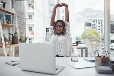 Buy stock photo Business, stretching and woman in office with laptop, glasses and calm HR consultant at desk. Relax, breathe and girl at human resource agency with tech, comfort and satisfaction with online report