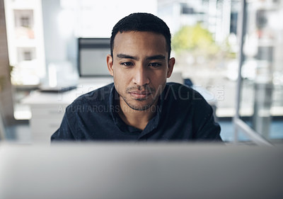 Buy stock photo Computer, focus and business man reading online for information technology, software development and web code. Coding, programming and IT person or worker on desktop pc for system review or check