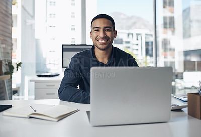 Buy stock photo Portrait, laptop and a professional editor man at work in a journalism agency for news reporting. Computer, smile and online content with a happy male journalist working in a modern editing office