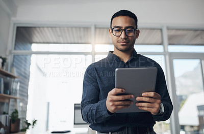 Buy stock photo Email, reading and a businessman with a tablet at work for connectivity and communication. Internet, research and a corporate worker with an online app for a professional career as a lawyer in office