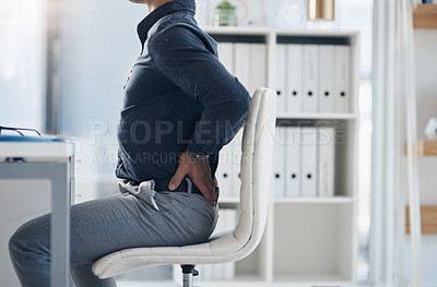 Buy stock photo Tired, back pain and ache with business man in office for stress, frustrated and muscle fatigue. Burnout, tension and body with closeup of male employee for spine injury, accident and emergency