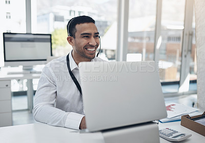 Buy stock photo Finance advice, support and headset with a man accountant at work on his laptop in the financial office. Computer, customer service and assistance with a male broker working in an investment firm