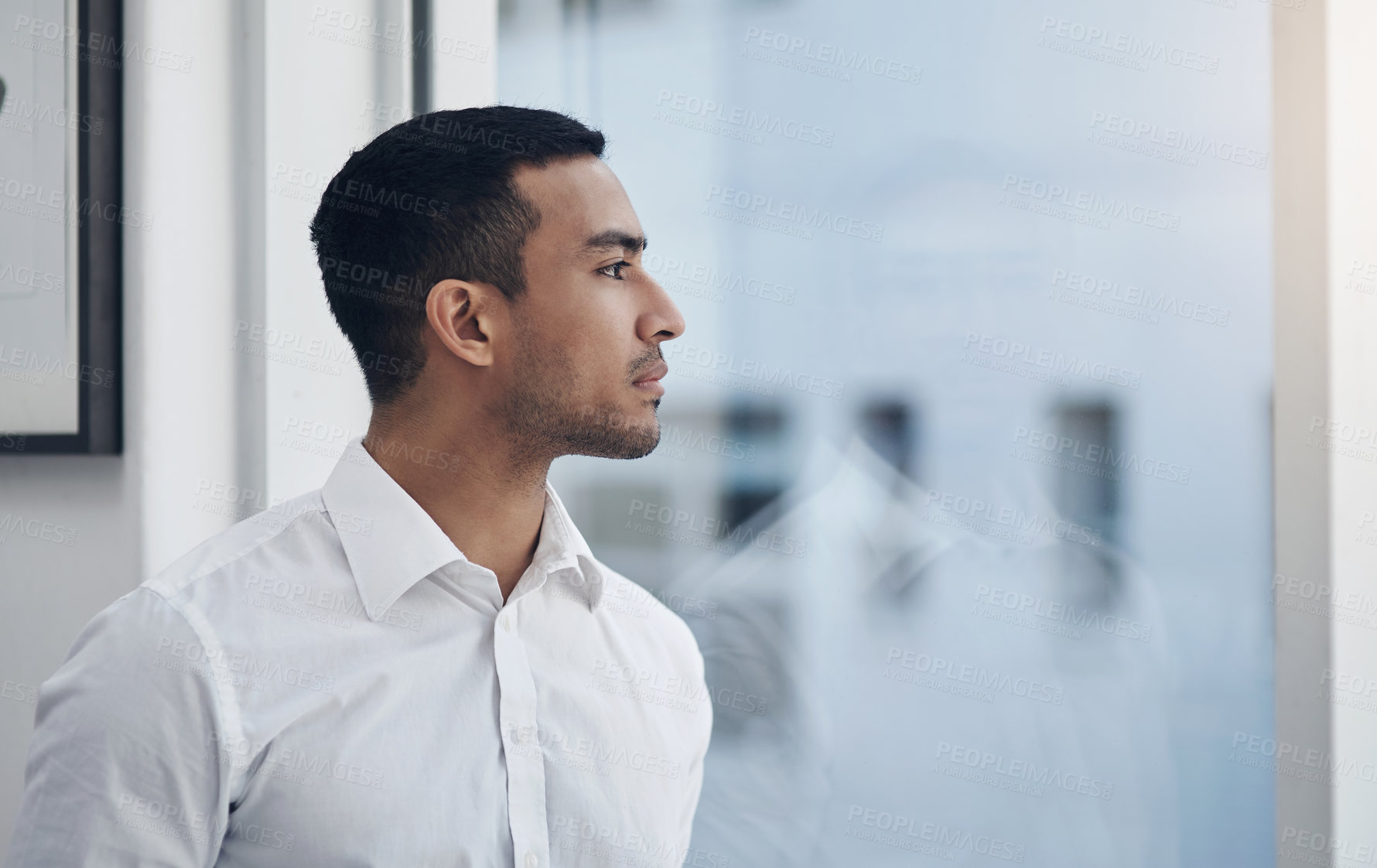 Buy stock photo Thinking, window and profile of businessman in office with planning, brainstorming or decision face. Choose, ideas and professional male financial advisor with question facial expression in workplace